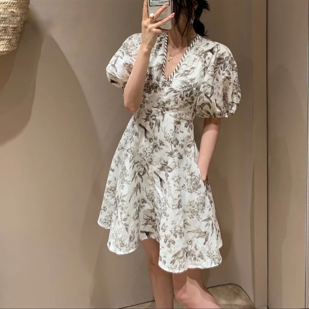 French Style Print Puff Sleeve Vintage Dress - Picture 2 of 15